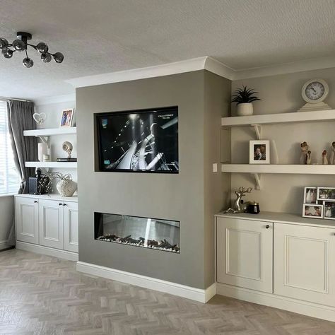 Media Wall Front Room, Front Room Media Wall, Front Room Feature Wall Ideas, Media Wall Alcove Ideas, Neutral Living Room Media Wall, 1930s House Living Room, Media Wall With Built In Cabinets, Cosy Basement Living Room, Classy Media Wall