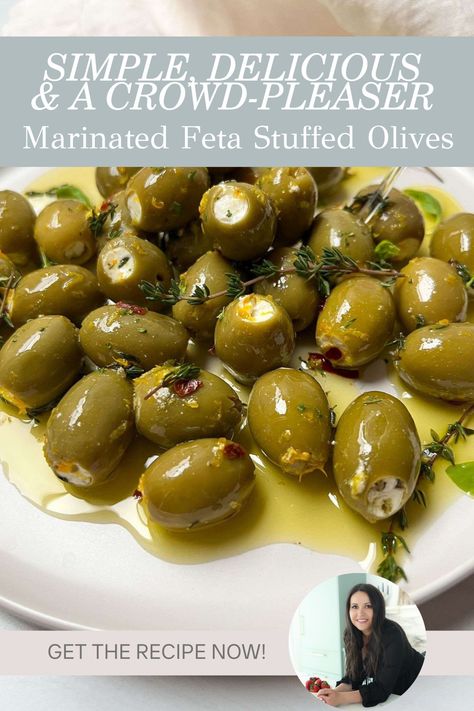 #StuffedOlives #OlivesAppetizer #OlivesRecipe Warm Olives, Healthier Appetizers, Marinated Feta, Stuffed Olives, Cab Calloway, Marinated Olives, Olive Relish, A Charcuterie Board, Party Finger Foods