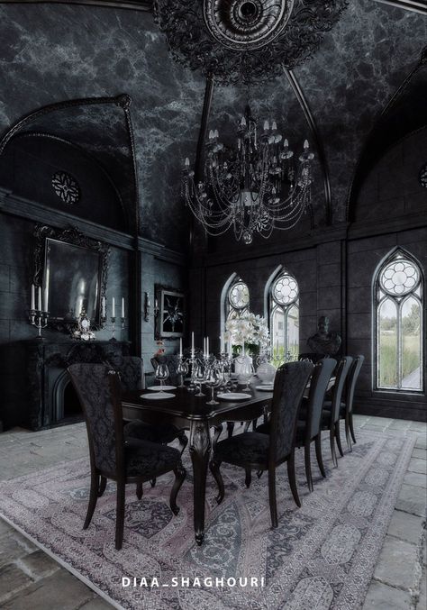 Alchemy, Dining Room, Elegant Dining, Interior Alchemy, Elegant Dining Room, 3d Visualization, Victorian Gothic, Black Walls, Castle