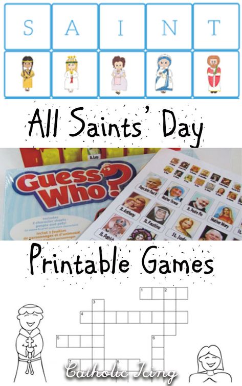 Printable games for All Saints' day. All of these printables are free! Check it out! #catholicicing #allsaintsday #catholickids #saintsforkids All Saints Day Printables, All Saints Day Free Printables, Free All Saints Day Printables, All Saints Activities For Kids, All Saints Day Activities For Kids Catholic School, All Saints Day Party Games, Catholic Games For Kids, All Saints Day Crafts For Kids, All Saints Day Games