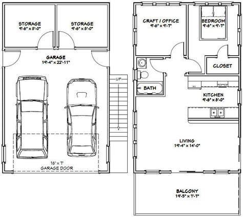 20X32 HOUSE -- 2 Bedroom -- 808 sqft -- PDF FloorPlan -- Model 6U $29.99 - PicClick Garage Apartment Floor Plans, Garage Guest House, Carriage House Plans, Garage Apartment Plans, Granny Flats, Design Café, Garage Floor Plans, Garage Apartments, Garage House Plans