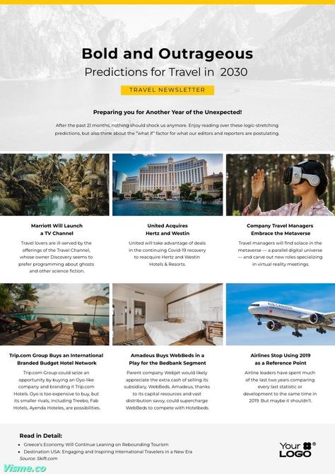 Sleek Travel Predictions Newsletter Template  Visme Travel Newsletter, Editable Newsletter Templates, Newsletter Template, Travel Channel, Newsletter Design, Tv Channel, Travel Lover, The Past, Sleek