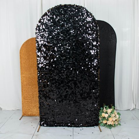 PRICES MAY VARY. Quantity: 3 Backdrop Stand Covers (Different Sizes) Large Wedding Arch Cover: Material: Payette Sequins on Mesh Base Color: Black Total Height: 7ft Total Width: 3.3ft Sequin Size: 18mm Medium Wedding Arch Cover: Material: Spandex Color: Matte Black Total Height: 6ft Total Width: 2.6ft Small Wedding Arch Cover: Material: Shimmer Tinsel Spandex Color: Gold Total Height: 5ft Total Width: 2ft Feature: Double-sided covers. Sequins are also on both sides. Pullover cover to get a sn MA Medium Wedding, Photo Backdrop Stand, Photography Studio Setup, Arch Frame, Metal Wedding Arch, Gold Color Combination, Booth Decor, Black Gold Wedding, Sequin Backdrop