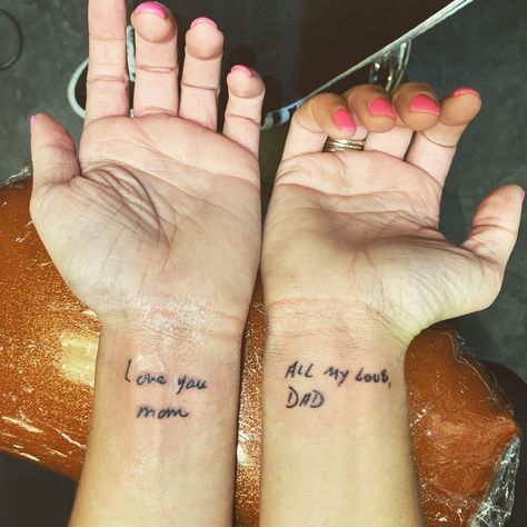 Mum And Dad Tattoos, Mom Dad Tattoo Designs, Handwriting Tattoos, Small Wave Tattoo, Mum Tattoo, Cream Tattoo, Mom Daughter Tattoos, Tiny Wrist Tattoos, Parent Tattoos