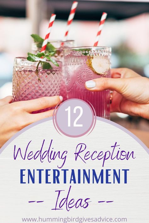 There are no rules anymore when it comes to wedding reception entertainment. Yes, you can totally have a DJ or band at your wedding reception. However, you can mix it up. This post has details on affordable and unique wedding reception entertainment ideas that are going to wow your wedding guests! From different ways to serve drinks and dessert, to mixing up the games provided, and having awesome activities, the ideas are there for the taking! // wedding games // wedding ideas // tips for weddin Fun Things To Have At A Wedding, No Dj Wedding, Fun Things To Do At A Wedding Reception Activities, Wedding Day Entertainment Ideas, Creative Wedding Reception Activities, Wedding Reception Interactive Ideas, Micro Wedding Reception Activities, Wedding Reception At A Bar, Wedding Reception Extras