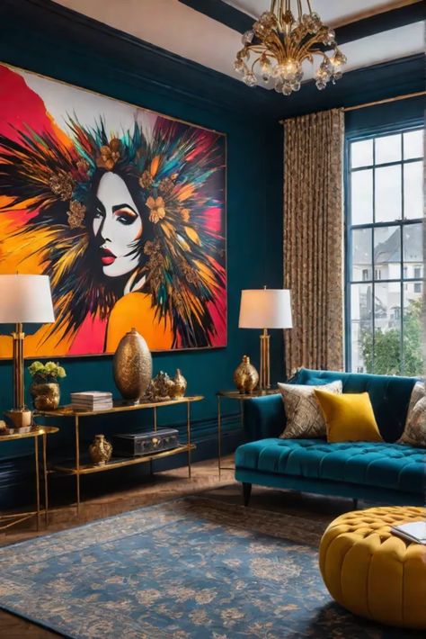 A vibrant maximalist living room with a statementmaking abstract artwork as the Modern Jewel Tone Living Room, Bold Home Design, Unconventional Living Room, Art Deco Living Room 1920s, Bold Living Room Colors, Miami Style Decor, Eclectic Glam Living Room, Vibrant Maximalist, Colorful Living Room Ideas