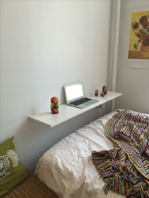 Space saver-- Use a wide shelf to create a desk at the end of your bed. Great for Netflix too! Desk Above Bed, Alternative Desk Ideas, Desk End Of Bed, Shelf At End Of Bed, Bed With Desk At End, Near Bed Shelf, Desk Over Bed Small Bedrooms, Desk At End Of Bed Small Spaces, End Of Bed Desk