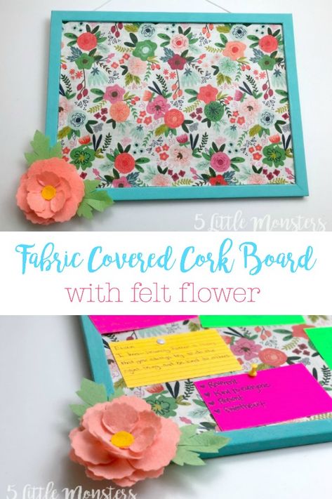 Fabric Covered Cork Board with Felt Flower. Transform a plain boring cork board into a super cute place to pin notes and pictures. All you need is a some paint, Mod Podge, fabric, and felt. Upcycling, Organisation, Decorate Cork Board, Diy Cork Board Ideas, Painting Corkboard, Cork Board Ideas For Bedroom, Covered Cork Board, Fabric Covered Cork Board, Fabric Corkboard