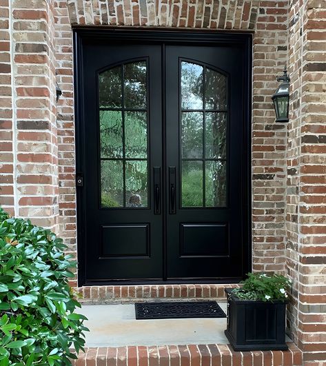 Custom Modern French 6 Lite Eyebrow Glass Double Doors – Masterpiece Doors Black Double Front Entry Doors, Black Glass Doors Exterior Front Entry, Modern Farmhouse Exterior Door Entrance, Wrought Iron Double Doors, Black Farmhouse Front Door Entrance, Glass Pane Front Door, Black Exterior Double Doors Front Entry, Narrow Double Front Doors, Rounded Double Front Door