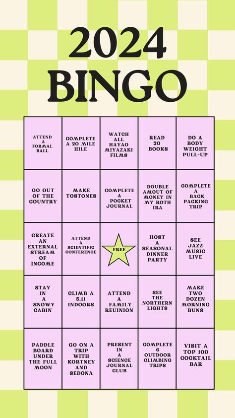 2024 Retro Bingo Card Green Checkered Canva Template 2024 Bingo Card, 2024 Resolutions, Boujee Apartment, Camping Bingo, Custom Bingo Cards, Bingo Books, Bingo Challenge, Road Trip Bingo, Summer Bingo