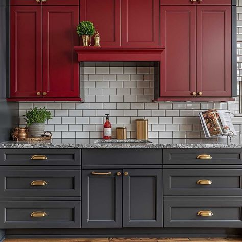 11+ Vibrant Painting Kitchen Cabinets Ideas in Red and Charcoal Gray • 333k+ Inspiring Lifestyle Ideas Dark Red Kitchen Cabinets, Red Cabinets Kitchen, Charcoal Gray Kitchen Cabinets, Painting Kitchen Cabinets Ideas, Red Kitchen Cabinets, Kitchen Vibes, Kitchen Cabinets Ideas, Inspiring Lifestyle, Red Cabinets