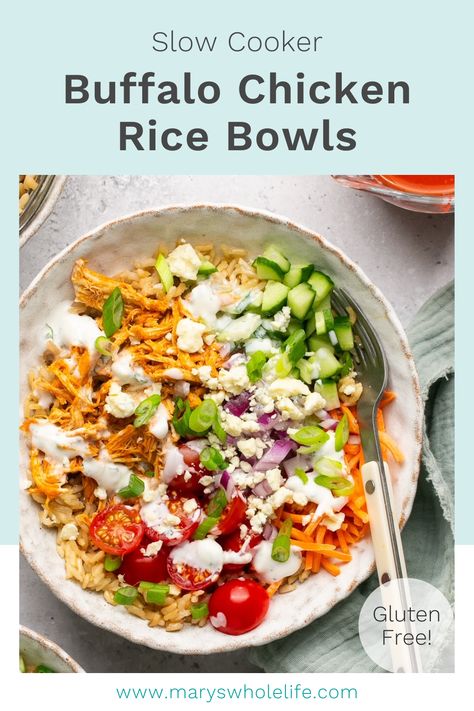 These Buffalo Chicken Rice Bowls are easy to make in your slow cooker or Instant Pot. They are packed with tender buffalo shredded chicken, rice, veggies, and a homemade high protein ranch dressing. Macro-friendly and gluten free! Protein Ranch Dressing, Buffalo Shredded Chicken, High Protein Ranch, Shredded Chicken Rice, Protein Ranch, Buffalo Chicken Rice Bowl, Buffalo Chicken Rice, Chicken Bowl Meal Prep, Chicken Bowls Healthy