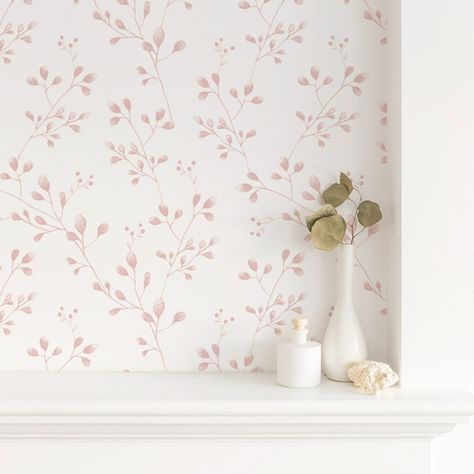 Nursary Decor Subtle Pattern Wallpaper, Simple Nursery Wallpaper, Baby Girl Room Wallpaper, Pink Wallpaper For Bedroom, Green And Pink Nursery, Pale Pink Nursery, Nursery Wallpaper Accent Wall, Wallpaper For Girls Room, Bohemian Girls Room