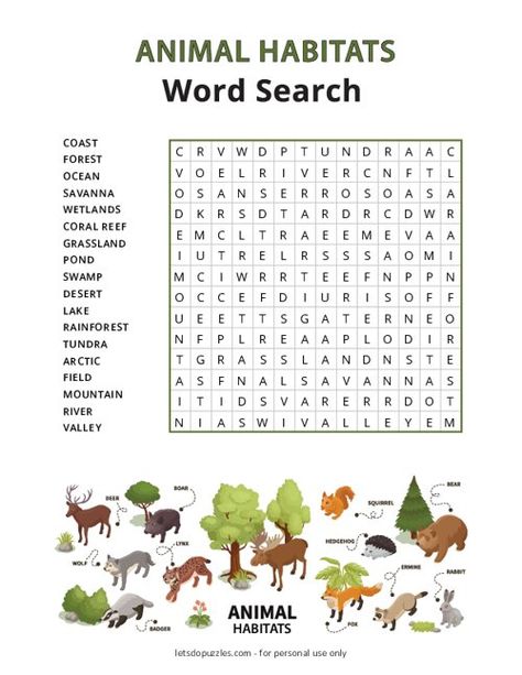 Animal Habitats Word Search | Free Printable Activity Habitat Printables Free, Animal Habitat Activities 2nd Grade, Habitat Worksheets Free Printable, Animals And Habitats Activities, Animal Habitat Activities, Habitats Activities, Animal Classification Activity, Where Animals Live, Word Search Free Printable