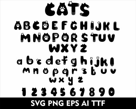 Cat Letters Alphabet, Animal Fonts Alphabet, Cat Fonts Alphabet, Cat Lettering, Cat Typography, Cat Font, Cat Alphabet, Cricut Clipart, Fonts Quotes