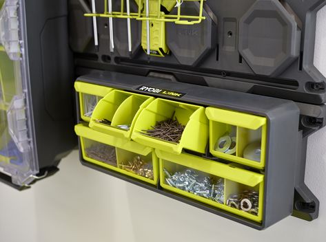 Ryobi Tool Storage, Computer Workstation Desk, Parts Organizer, Garage Workshop Layout, Small Parts Organizer, Stationary Storage, Ryobi Tools, Workshop Layout, Clear Bins