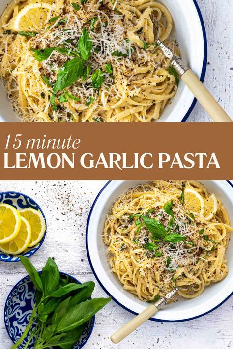 Lemon garlic pasta in a white enamel bowl, surrounded by a bowl of basil and a bowl of lemon slices. Lemon Herb Chicken Pasta, Garlic Recipes Healthy, Lemon Herb Pasta, Lemon Pasta Sauce, Garlic Lemon Pasta, Lemon Pesto Pasta, Lemon Pepper Pasta, Pasta With Lemon Sauce, Lemon Parmesan Pasta