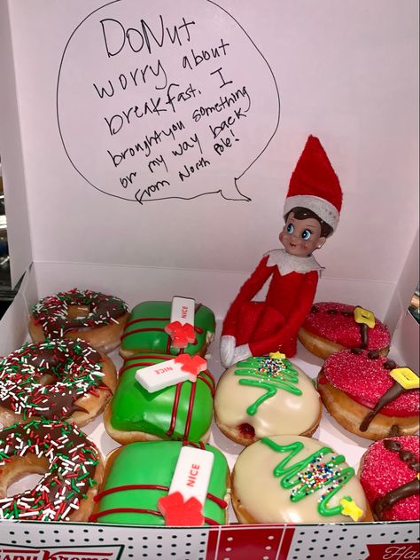 Elf On The Shelf Ideas Doughnut, Breakfast Elf On The Shelf Ideas, Morning Elf On The Shelf Ideas, Elf Made Breakfast, Elf On The Shelf Ideas Donut Holes, Elf On The Shelf Before School, Elf Arrival Ideas Donut, Snowy Elf On The Shelf Ideas, Easy Elf In The Shelf Ideas Kids