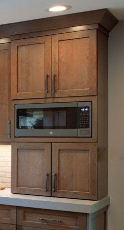 Microwave in a Wall Cabinet Microwave In Pantry, Microwave Placement, Kitchen Design Details, Built In Microwave Cabinet, Microwave Wall Cabinet, Lakehouse Kitchen, Microwave Cabinet, Upper Cabinet, Microwave In Kitchen