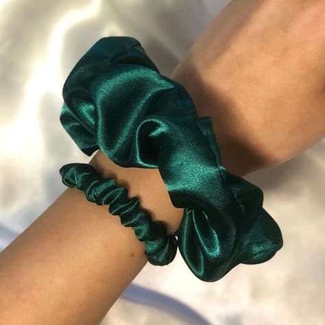 Emerald green satin scrunchies Emerald Green Hair, Green Scrunchie, Small Business Uk, Diy Kosmetik, Satin Scrunchies, Handmade Uk, Brown Aesthetic, Green Satin, Green Hair