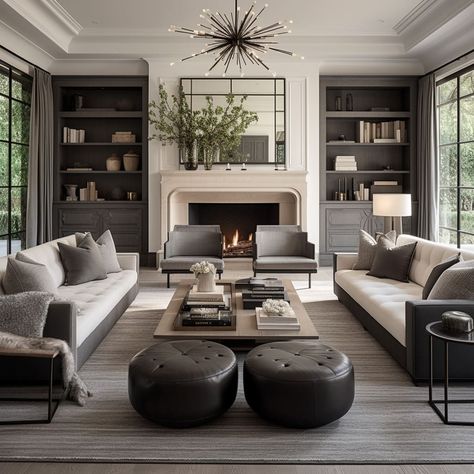 Neutral Living Room With Black Accents Farmhouse, Modern Classic Interiors, Sophia Patterson Interiors, Informal Living Room Ideas, Chair In Front Of Fireplace, Nyc Townhouse Interior, Modern Traditional Living Room Ideas, New Classic Living Room, Chic Family Room