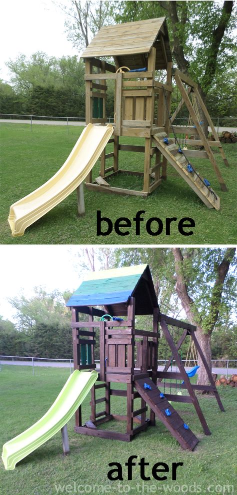 Playground Makeover - Wooden Playset Makeover, Play Set Ideas, Diy Playground Backyard, Playground Remodel, Home Playground Ideas, Playground Ideas Backyard, Playground Backyard Landscaping, Playground Makeover, Playset Makeover