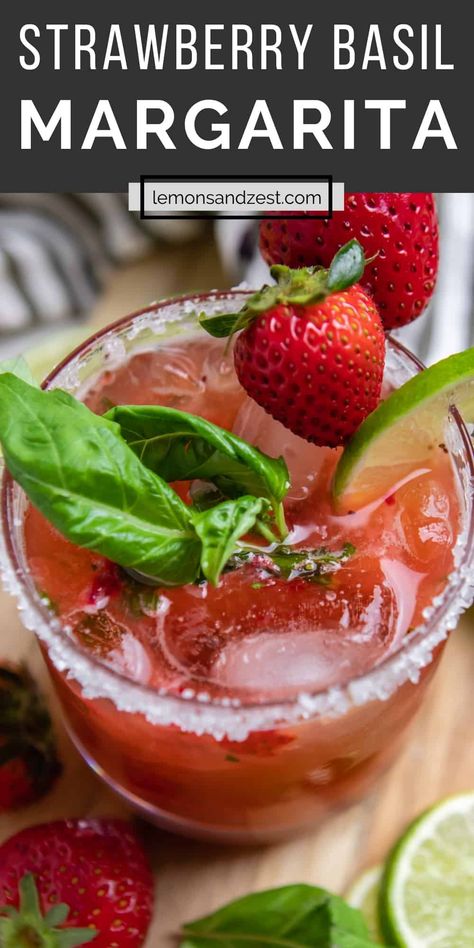 A fun twist on the classic, this Strawberry Basil Margarita cocktail recipe is bursting with vibrant flavor. Simple to whip up for a night on the patio or a dinner party with friends. Comes together in 5 minutes and is a refreshing variation of everyone's favorite tequila drink! Strawberry Basil Margarita Pitcher, Valentines Margarita Recipes, Strawberry Tequila Cocktail, Cocktail With Basil, Cocktail Competition Ideas, Basil Drinks Cocktails, Fancy Margaritas, Drinks With Basil, Cocktails With Basil