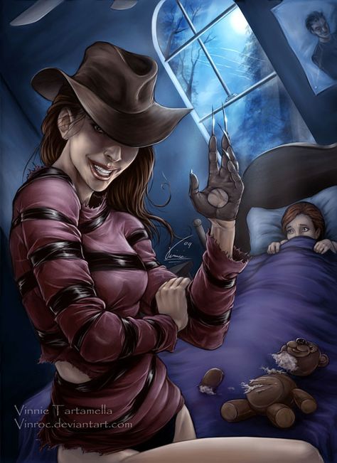 "Femme Freddy"  What sort of nightmares will she bring?  Endless shopping?  VinnieArt — worx - ShockBlast Female Horror Characters, Freddy Krueger Art, Dangerous Women, Pleasant Dreams, Comic Artwork, Animated Art, Dark Horror, Dark Fairytale, Horror Stuff