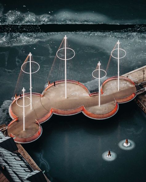 Studio Olafur Eliasson on Instagram: “‘Cirkelbroen’ (Circle bridge), Copenhagen, 2015. Photo by @copenhagenbycosedis via Twitter, 2021. Circular platforms topped by tall masts…” Studio Olafur Eliasson, Bridge Structure, Floating Architecture, Olafur Eliasson, Architectural Engineering, Bjarke Ingels, Pedestrian Bridge, Bridge Design, Sculpture Park