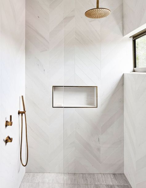 Tile Shower White, Shower White Tile, Melissa Ambrosini, Gold Shower Head, White Herringbone Tile, Makeover Kamar Mandi, White Tile Shower, Gold Shower, White Herringbone