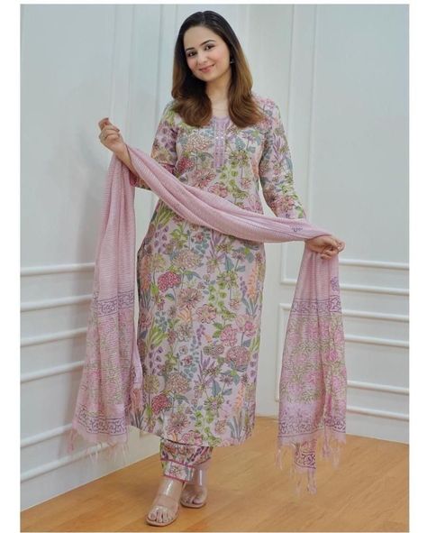 For a festive gathering, you’ll can opt for our Lilac Ivory Floral Afghani Suit Set which is decorated with finest embroidery, Pintex detailing and motifs. It is paired with matching afghani pants and dupatta   For all the stylish ladies out there, who want something simple, sophisticated and traditional.   In comés with Lining✓   Sizes :  S,M, L, XL, XXL,3Xl   Fabric : Softest Cotton print   ~ Beautiful Detailings Printed Suits Design Indian, Afghani Suit, Simple Suit Designs, Afghani Pants, Plazzo Designs, Cotton Suit Designs, Bollywood Suits, Pure Cotton Suits, Indian Tops