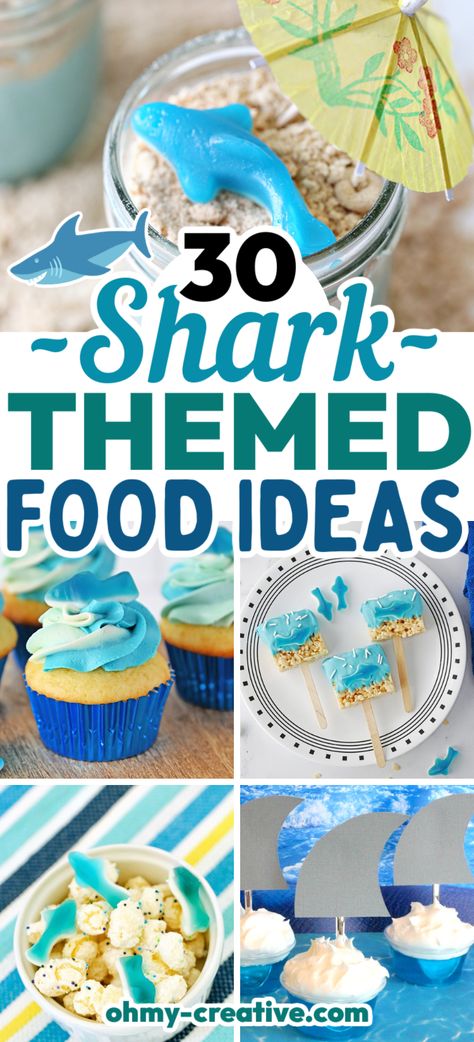 Celebrate shark week with these fun shark themed foods. Whether you’re planning a shark-themed party, or celebrating all week, these food ideas are perfect for any Shark Parties you host. Second Birthday Shark Theme, Shark Treats Party Ideas, Shark Themed Food Snacks, Shark Week Appetizers, Shark Theme Party Food, Shark Birthday Food Ideas, Shark Theme Dessert, Shark Inspired Food, Shark Week Themed Food