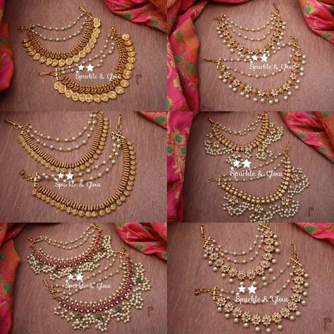 Ear Mattal Gold, Gold Ear Chain Designs, Ear Matilu Gold, Ear Chain Designs, Ear Chains Indian Gold, Indian Jewelry Sets Gold, Jhumka With Ear Chain, Champaswaralu Designs Gold, Matilu Designs