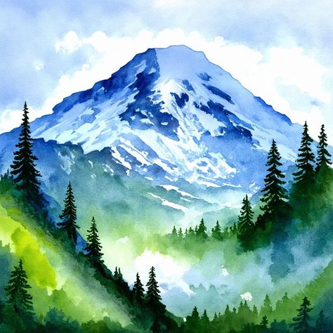 Mt Rainier Vector Art Mt Rainier Painting, Paintings Nature, Watercolour Cards, Color Tips, Paintings Tutorials, Watercolor Paintings Nature, Winter Landscapes, Wine Painting, Dorm Art