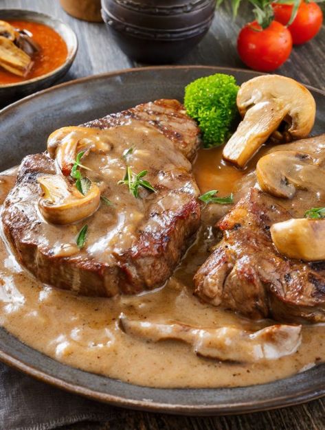 MORE Steak With Mushrooms, Creamy Peppercorn Sauce, Mushroom Sauce Steak, Swiss Steak Recipes, Swiss Steak, Creamy Mushroom Sauce, Lunch Recipe, Mushroom Gravy, Grandmas Recipes