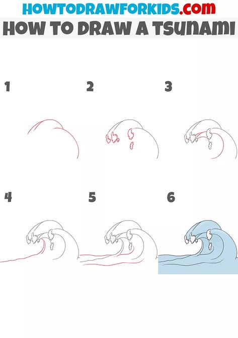 How to Draw a Tsunami - Easy Drawing Tutorial For Kids Croquis, Tsunami Drawing Easy, Natural Disasters Drawing, Tsunami For Kids, Tsunami Drawing, Procreate Practice, Landscape Drawing Tutorial, Tsunami Waves, Wave Drawing