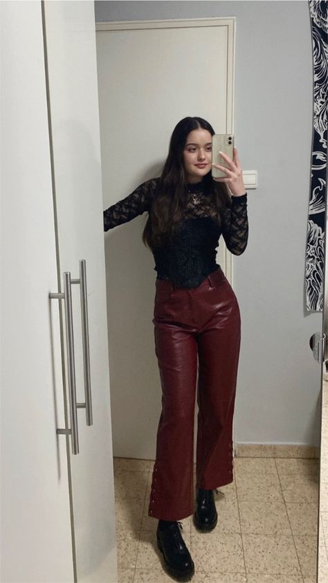 Wine Colour Outfits, Red Wine Aesthetic Outfit, Wine Red Pants Outfit, Red Wine Pants Outfit, Maroon 5 Concert Outfit Ideas, Wine Colored Outfits, Wine Red Outfit Ideas, Maroon Leather Pants Outfit, Black And Maroon Outfit