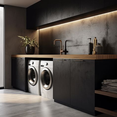 Moody Laundry Room, Black Laundry Room, Elegant Laundry Room, Contemporary Laundry Room, Black Laundry, White Laundry Rooms, Stylish Laundry Room, Office Decor Ideas, Dream Laundry Room