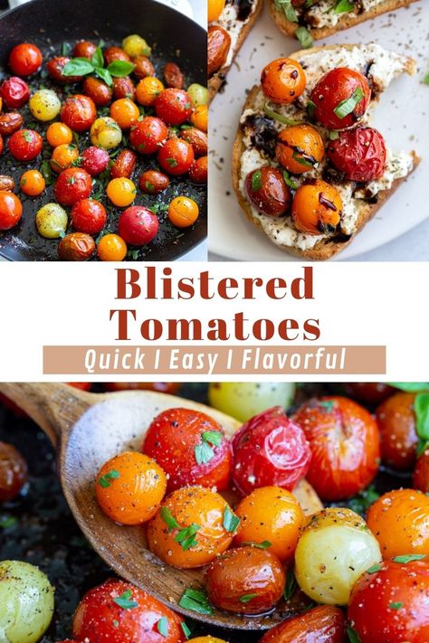 Blistered tomatoes are cherry or grape tomatoes coated in garlic and olive oil, then sautéed until they're juicy and bursting with flavor. Sautéed cherry tomatoes are quick and easy to cook and make a great side dish or topping for pasta and more! Sauteed Tomatoes Recipes, Sauteed Cherry Tomatoes, Sautéed Tomatoes, Grape Tomato Recipes, Blistered Cherry Tomatoes, Pizza Side Dishes, Tomato Side Dishes, Gut Protocol, Blistered Tomatoes