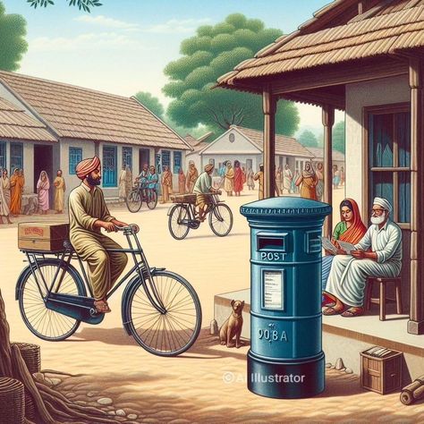 An Indian Village - Illustration !!! #illustration #Indian #village #old #nostalgia #postoffice #postman #retro #style #bicycle #posts #hashtag #instagood #instalike #instamood #instagram #calm #unique #ai_illustr8 #aiart #artworkbyai #concept Indian Village Illustration, Postman Illustration, Village Illustration, Illustration Indian, Figure Sketches, Human Figure Sketches, Indian Village, Figure Sketching, Motion Graphic