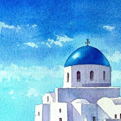 Watercolor Painting Easy, Greece Painting, Greece Art, Greece Santorini, Santorini Island, Greece Vacation, Watercolor Sketch, Watercolor Drawing, Painting Photos