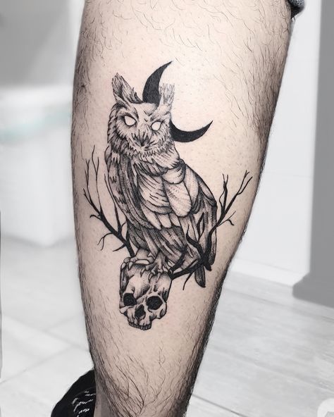 Skeleton Owl Tattoo, Blackwork Owl Tattoo, Spooky Owl Tattoo, Gothic Owl Tattoo, Gothic Animal Tattoo, Owl Tattoo Thigh, Screech Owl Tattoo, Dark Owl Tattoo, Night Owl Tattoo