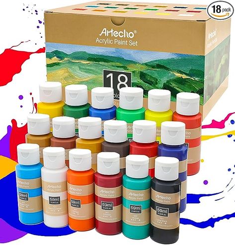 Amazon.com: Artecho Acrylic Paint Set, 18 Colors (59ml / 2oz) Bottles, Art Craft Paints for Painting on Canvas, Rocks, Wood and Fabric - Professional Art Supplies for Artists, Students, Beginners, and Adults : Everything Else Color Acrylic, Art & Craft Paint, Craft Paint, Paint Types, Non Toxic Paint, Acrylic Paint Set, White Acrylic Paint, Creative Colour, Paint Supplies