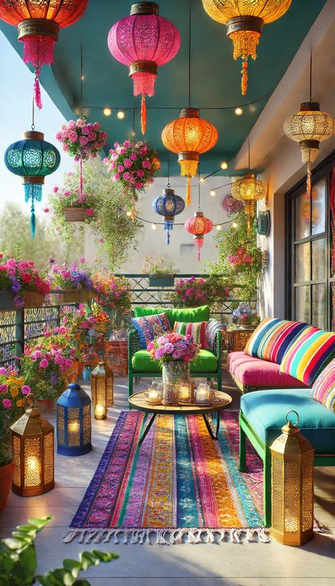 Transform Your Outdoor Space: 21 Stunning Balcony Decor Ideas You Must Try! 🌿✨ Modern Balcony Decor, Colorful Balcony, Vibrant Furniture, Tacky Decor, Rug Hanging, Turkish House, Balcony Decor Ideas, White Wicker Furniture, Bohemian Patio