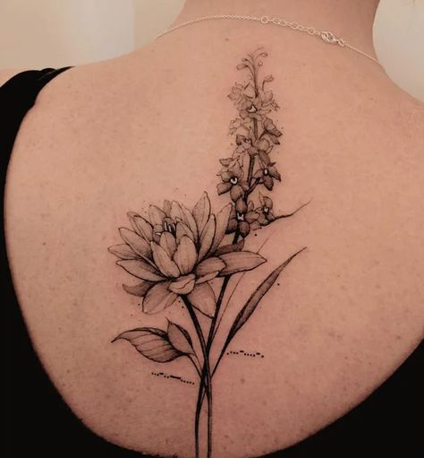 https://allabouttattoo.com/wp-content/uploads/2023/02/Larkspur-and-water-lily-tattoo.webp Larkspur Flower Tattoo Sleeve, Aster And Water Lily Tattoo, Lily And Larkspur Tattoo, Water Lily Forearm Tattoo, Water Lily Birth Flower Tattoo, Water Lilly Flower Tattoo, Waterlily Larkspur Tattoo, July Inspired Tattoos, Water Lilly Tattoo Design