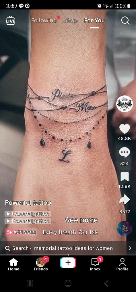 Initial Anklet Tattoo, Bead Tattoos For Women, Tattoo Anklet Bracelet, Memorial Hand Tattoos For Women, Mom Tattoo Ideas For Kids, Side Of The Hand Tattoos, Name Bracelet Tattoo, Female Ankle Tattoos, Grandchildren Tattoo Ideas Grandmothers