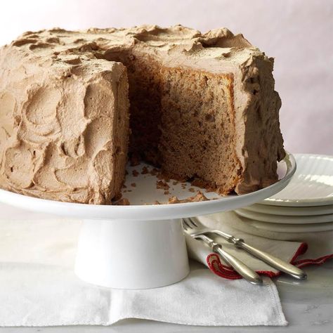 When I was married in 1944, I could barely boil water. My dear mother-in-law taught me her specialty—making the lightest angel food cakes ever. This chocolate version is an easy, impressive treat. —Joyce Shiffler, Colorado Springs, Colorado Chocolate Angel Food Cake Recipe, Christian Recipes, Chocolate Angel Food Cake, Chocolate Chiffon Cake, Tube Pan, Pan Recipe, Baking Cocoa, Wine Club, Angel Cake