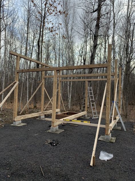 Cabin phase 2: Post and beam cabin construction - The Vanderveen House Post And Beam Shed, Post And Beam Cabin, Sawmill Lumber, Cabin Construction, Pier And Beam Foundation, Cheap Cabins, Timber Frame Cabin, Post And Beam Construction, Reclaimed Beams