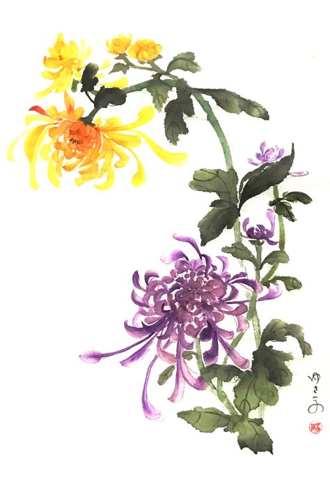 Chinese Art Flower, Chrysanthemum Art, Chrysanthemum Watercolor, Chinese Painting Flowers, Sumi E Painting, Japanese Watercolor, Chinese Art Painting, Chinese Brush Painting, Chinese Brush