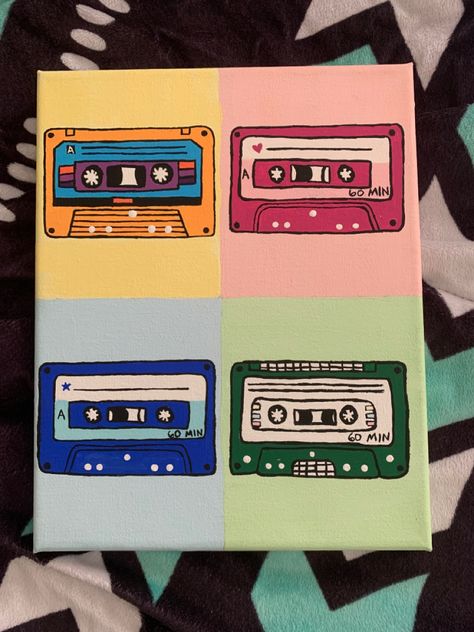 80s Aesthetic Painting Ideas, Painting Ideas On Canvas Retro, Large Canvas Painting Ideas Easy Aesthetic, Painting Ideas Music Albums, Retro Canvas Painting Ideas, Simple Mini Canvas Paintings Aesthetic, 80s Painting Ideas On Canvas, Cassette Painting Ideas, 80s Painting Ideas